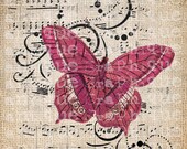 Antique European Butterfly PINK music Illustration Digital Download for Papercrafts, Transfer, Pillows, etc Burlap No 6179