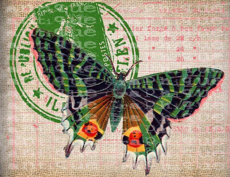 Antique French Butterfly Postmarks Digital Download for Tea Towels, Papercrafts, Transfer, Pillows, etc Burlap No 7249 COLOR