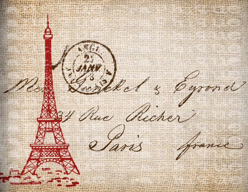 Antique SEPIA Red Paris France Postmark Eiffel Tower Postcard Digital Download for Papercrafts, Transfer, Pillows, etc Burlap No 3715