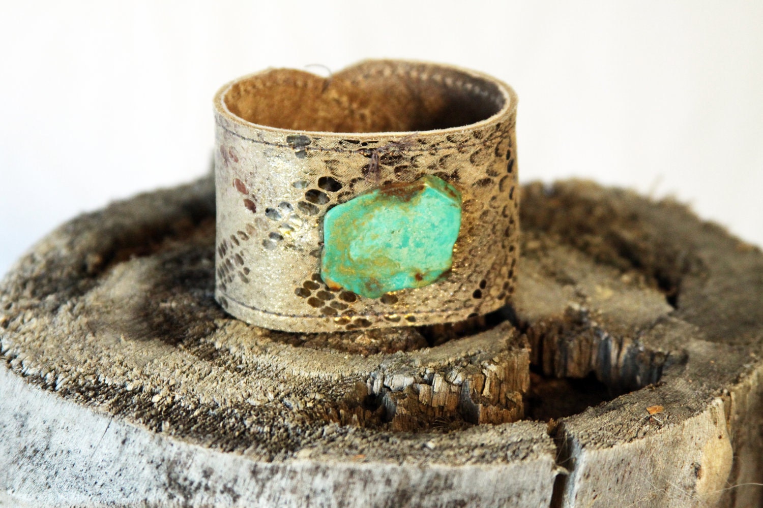 Metallic Cream Snakeskin Leather Cuff Bracelet