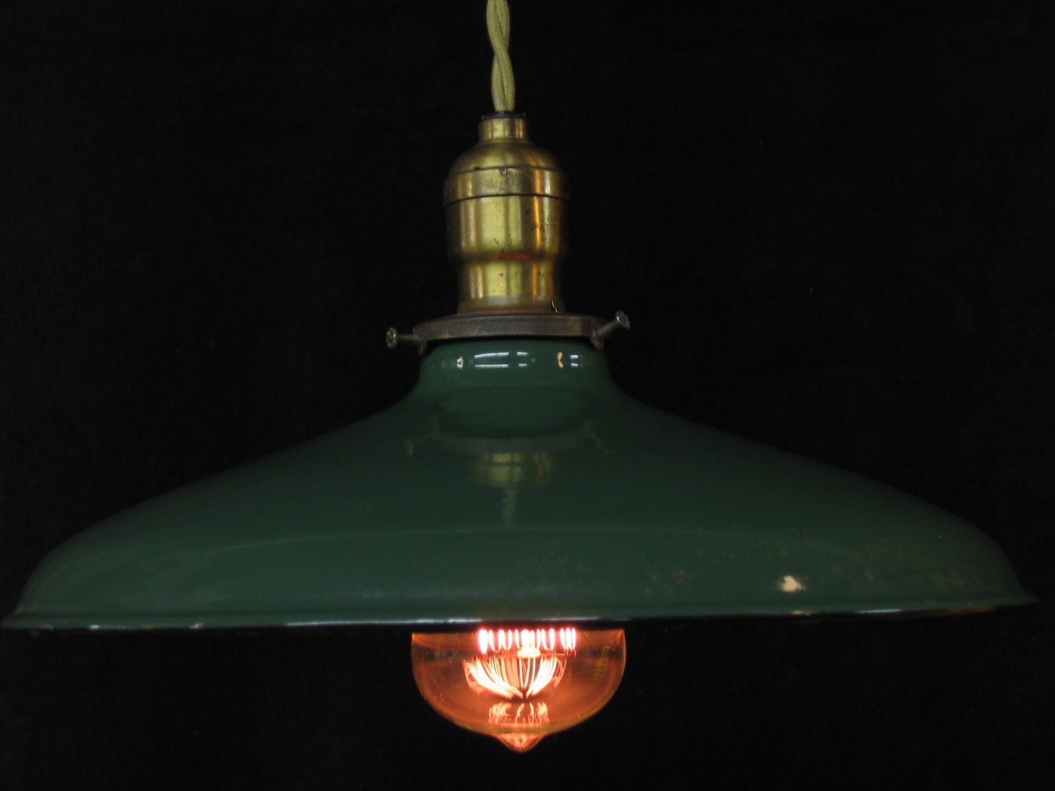One Green Enamel Tin Shade on Green Cloth Cord Gas Station Kitchen Light