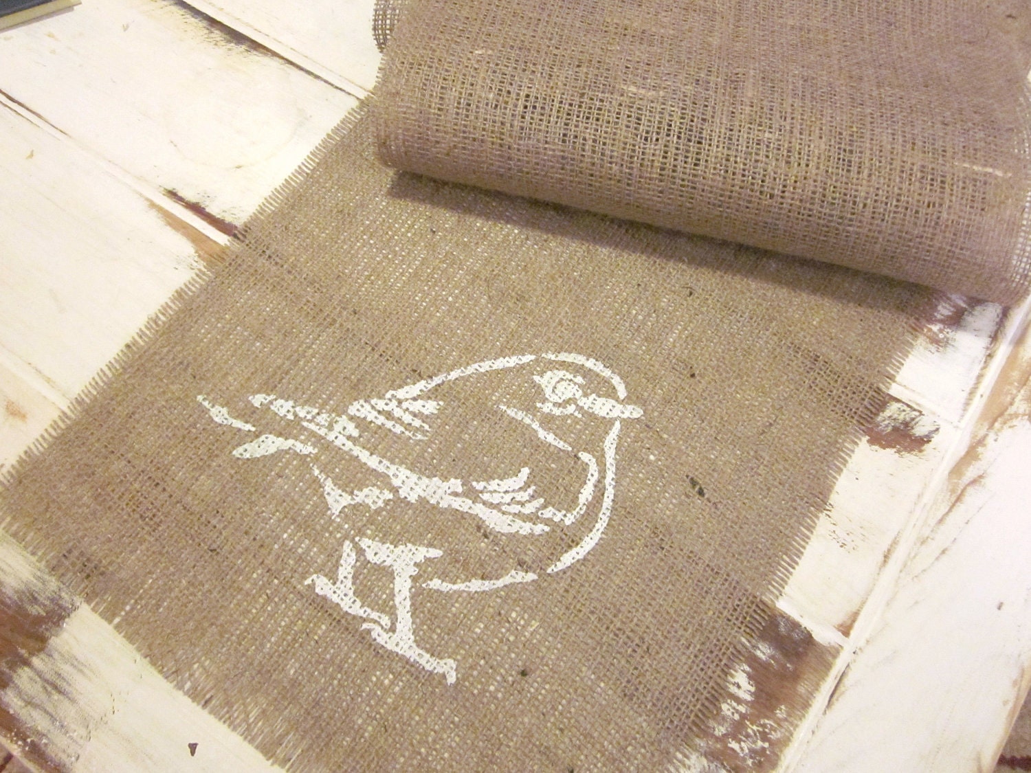 Burlap table runner, spring runner, bird table runner, burlap accessories, home decor, burlap runner