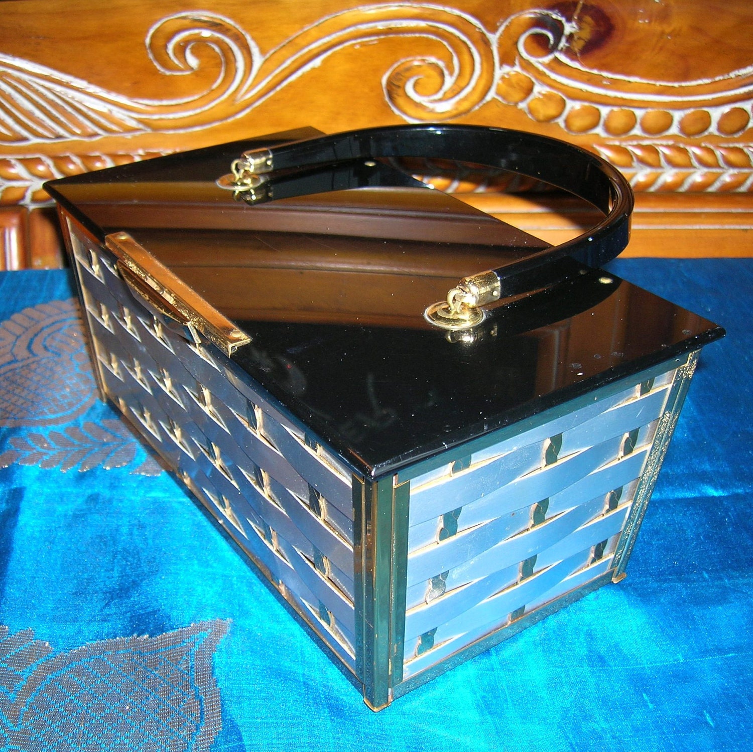 Vintage 1950's 'Majestic' Box Purse early 1960's Black Lucite Basketweave Silver Gold Handbag Large Size Black Lucite Lid Handle