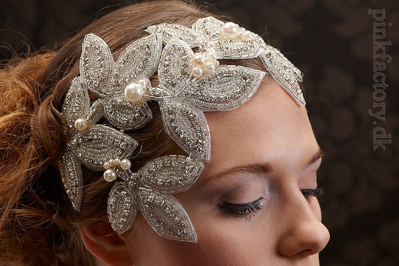 My Devine Cordelia statement hair piece - extraordinary fascinator with rhinestone leaves and pearls