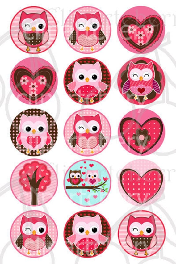 Valentine Cute Owls 1 Inch Digital Circles Design 4x6-15 Images- 4"x6" Sheet