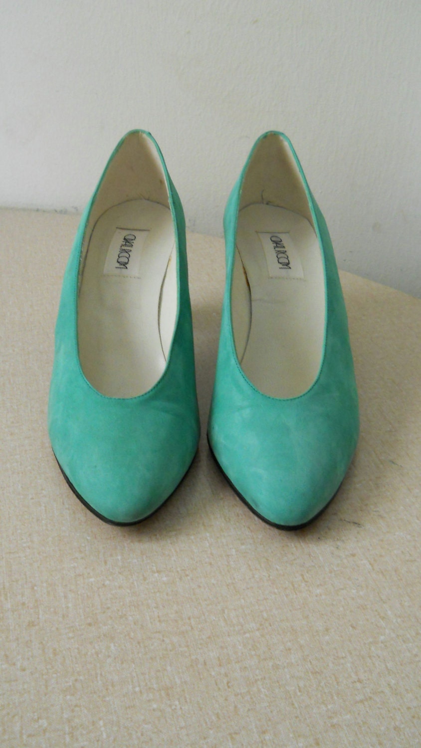 Seafoam Green Shoes Green Suede Pumps Leather Pumps Sea Green Shoes High Heel Shoes 80s Pumps 80s High Heels Womens Shoes  Teal Pumps 8