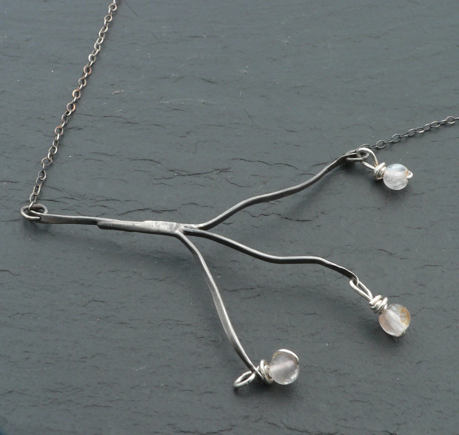 Cherry Blossom Aged Sterling Silver and Rose Quartz Branch Necklace FREE SHIPPING