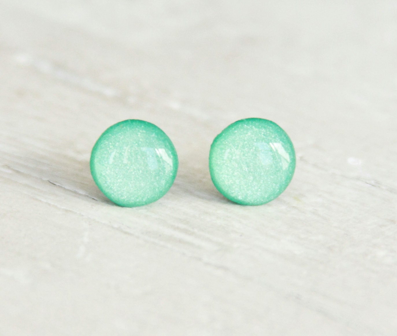 SEA GREEN - Small Earrings Studs - Tiny Stud Earrings in Shimmer Sea Green - Small Round Studs - Earrings by Hot Mess Momma - BadPlum