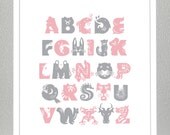 Alphabet Poster with Animals - Pink and Gray - 8x10