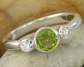 Peridot and White Sapphire 3 Stone Sterling Silver 925 Ring - made to order in your ring size
