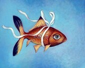 Prints on wood of "Fish in a Ribbon" by Isabelle Bryer  5" x 5"