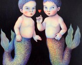 Prints on wood of "Aquarian Babies" by Isabelle Bryer  8" x 8"