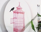 PRETTY smart BIRD-----An Illustration of a black bird perched upon a pink bird cage Infused onto a 14" High Gloss Metal Oval