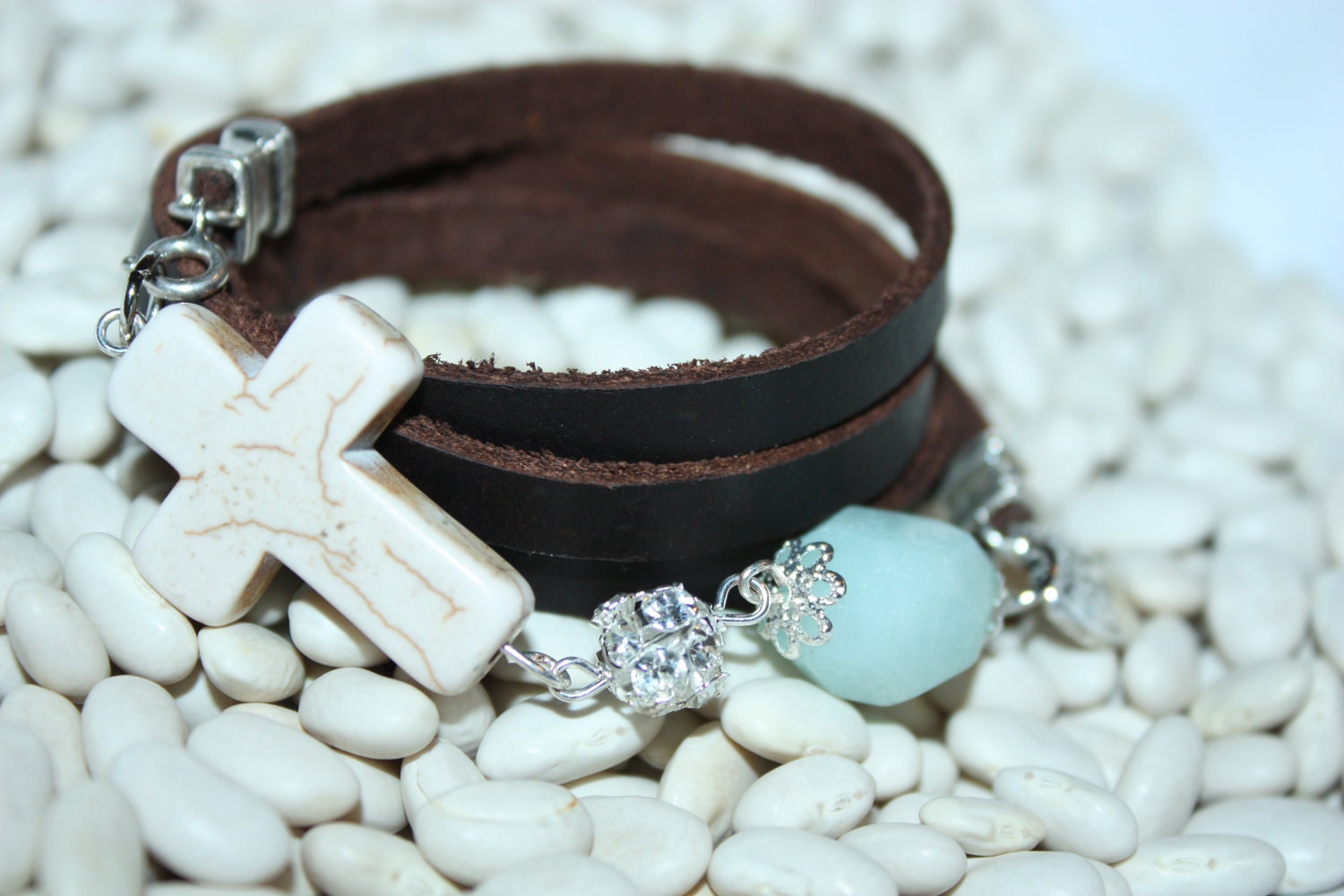 Handcrafted Western Inspired Leather Wrap Bracelet with Creme Crackle Cross, Rhinestone Ball, and Large Jade Stone