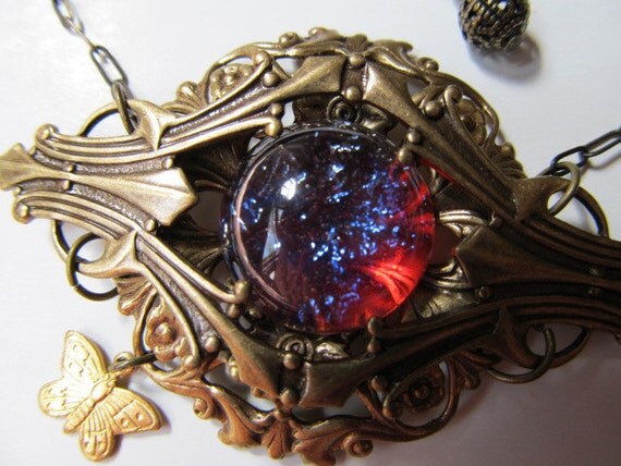 Dragons Lair- Vintage Dragon's Breath Mexican Opal in Antiqued Brass Filigree Necklace Set