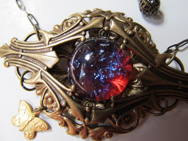 Dragons Lair- Vintage Dragon's Breath Mexican Opal in Antiqued Brass Filigree Necklace Set