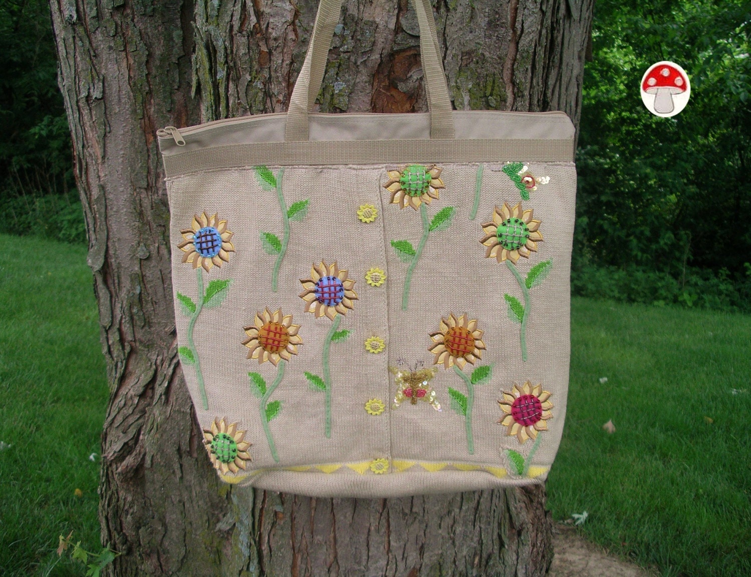 Sunflowers Recycled Sweater Tote Bag Tan Beige Large Size 18.5 x 16.5 x 5 Zipper Top Glass Beads Sequin Butterflies