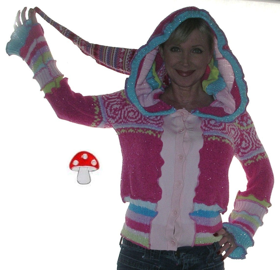 Easter Egg Elf Cardigan Recycled Fairy Sweater Button Up Hoodie Hot Pink Sparkle Size Small Pixie Dream Jacket Faery Princess Pullover OOAK