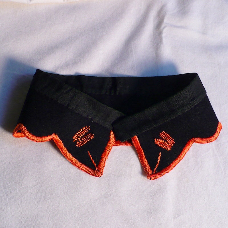 30s Vintage Collar Black Wool Orange Embroidered Ladies Zooey