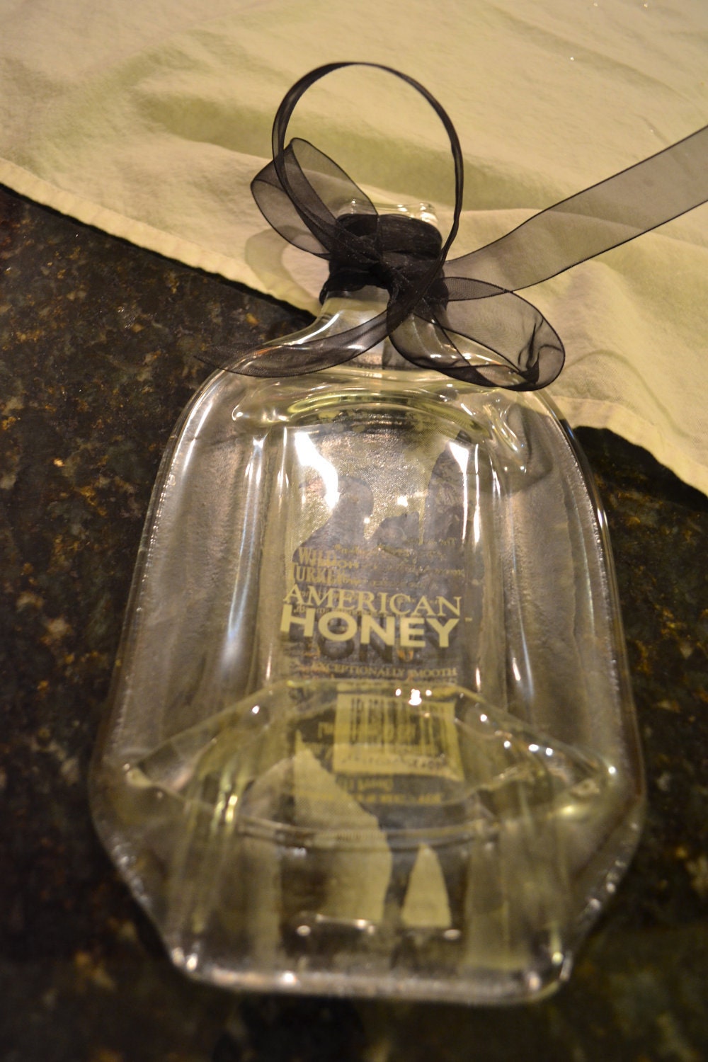 Wild Turkey Honey Clear Glass Liquor Bottle Appetizer/Hors D'Oeuvre Tray with Black Bow
