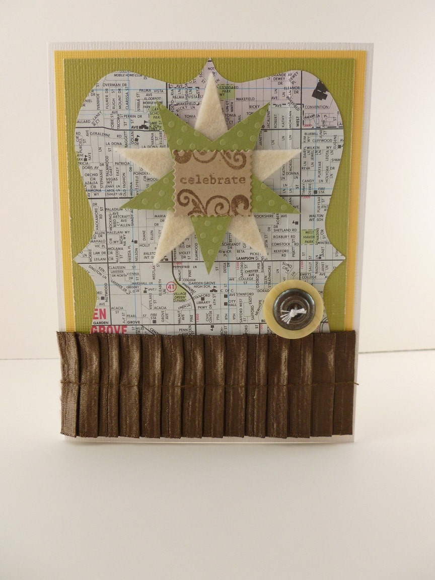 Handmade Map Tag Celebration Card - Green, Yellow, Brown, Blue, Cream Cardsock with Stars, Ribbon and Buttons - Ready to ship