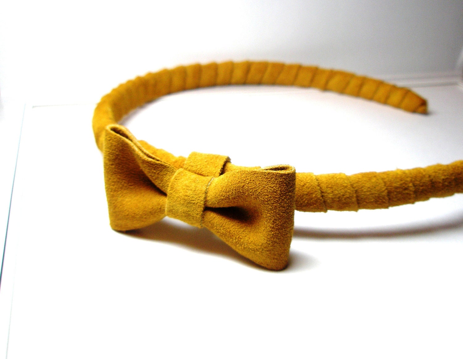 Mustard Head piece- Yellow headband with bow- Leather Suede Wrap band-    Everydays or Wedding Headband   Free Worldwide shipping