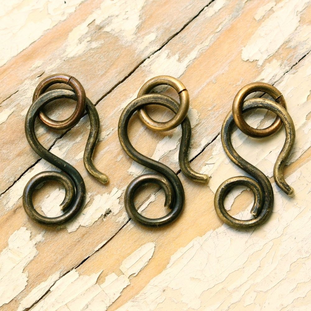 3 Antiqued Brass Clasp Hook with Jump Ring Medium - Handmade Findings Oxidized Solid Brass