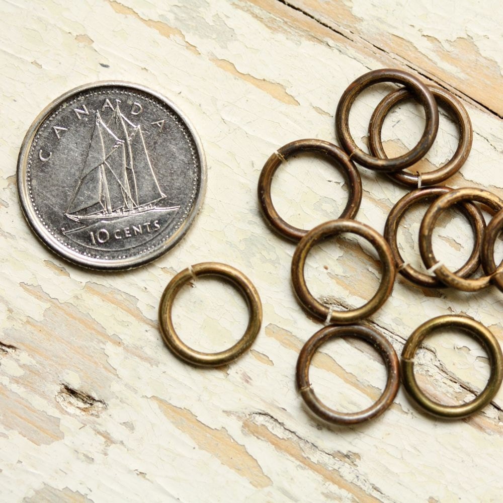 10 Large Solid Brass Jump Rings 16g, 7mm ID, 9mm OD, Hand Antiqued Saw Cut Oxidized Brass Wire, Findings