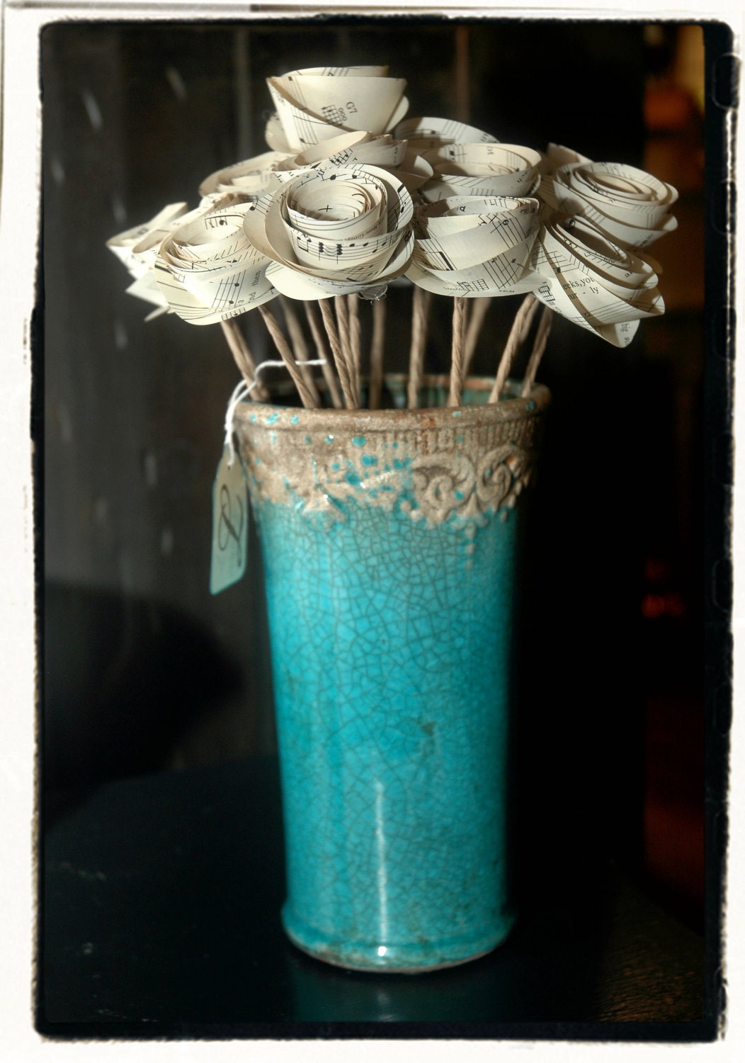 Antiqued Teal vase with Sheet Music rosettes