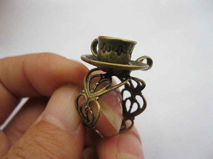 ring---antique bronze 3d coffee cup pendant,alloy adjustable ring