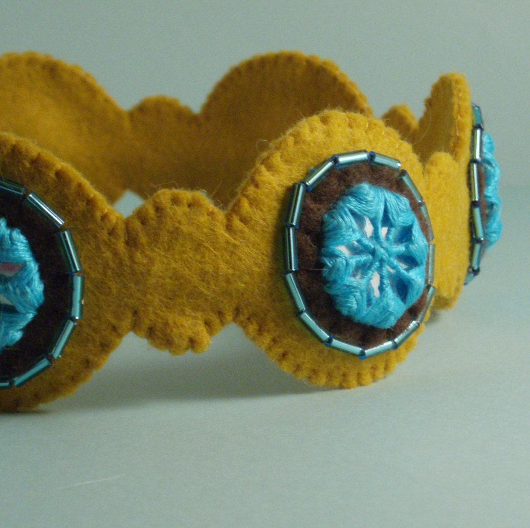 Embroidered Felt Headband--Mustard and Teal