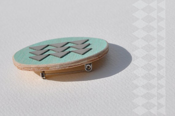 turquoise wood & brass triangle circle brooch