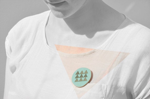 turquoise wood & brass triangle circle brooch