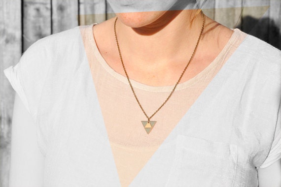 small peach & brass wood triangle necklace