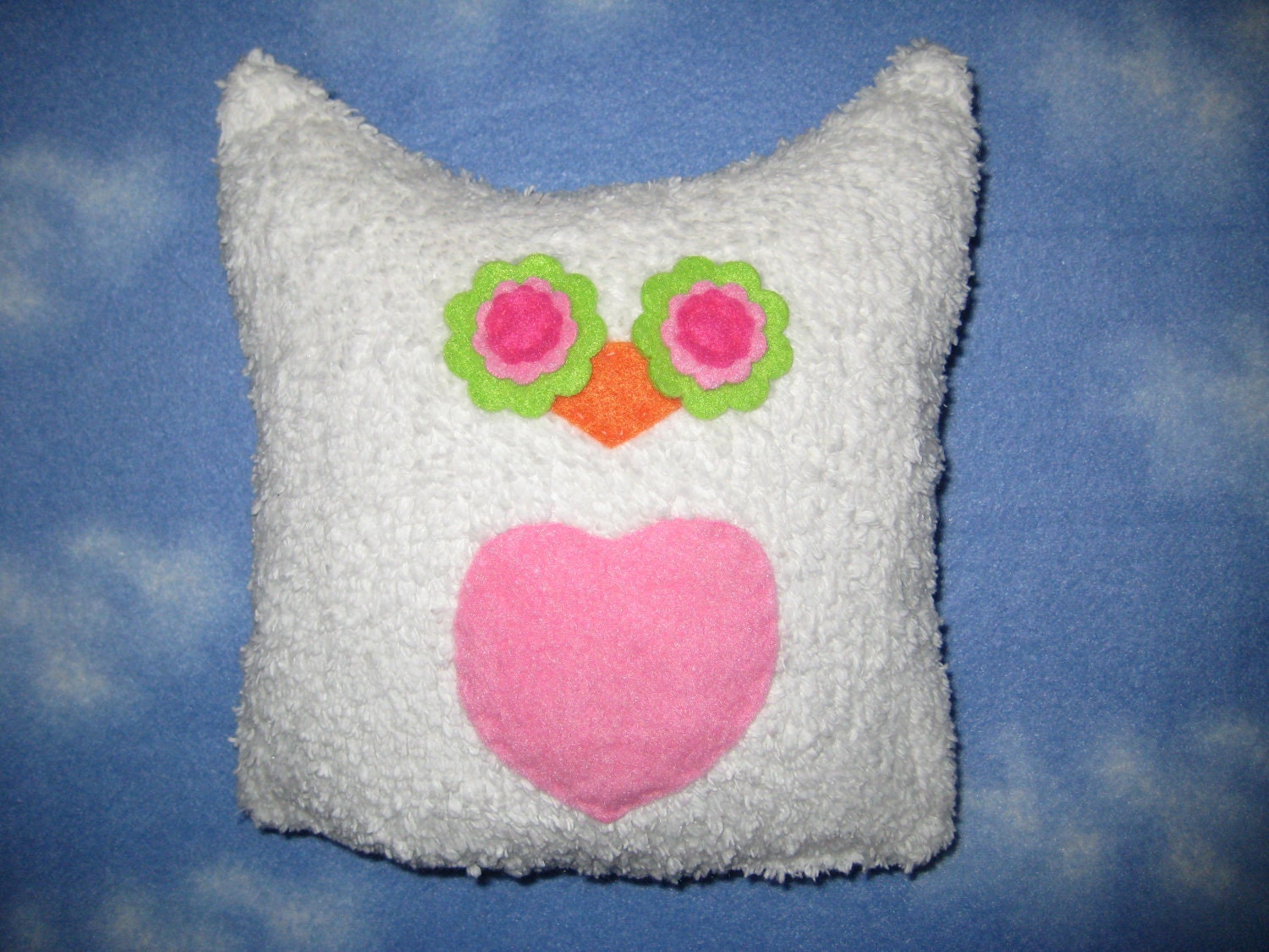 White Chenille Owl with Pink Heart/ Owl Plush/ Owl Pillow/ Owl Decor
