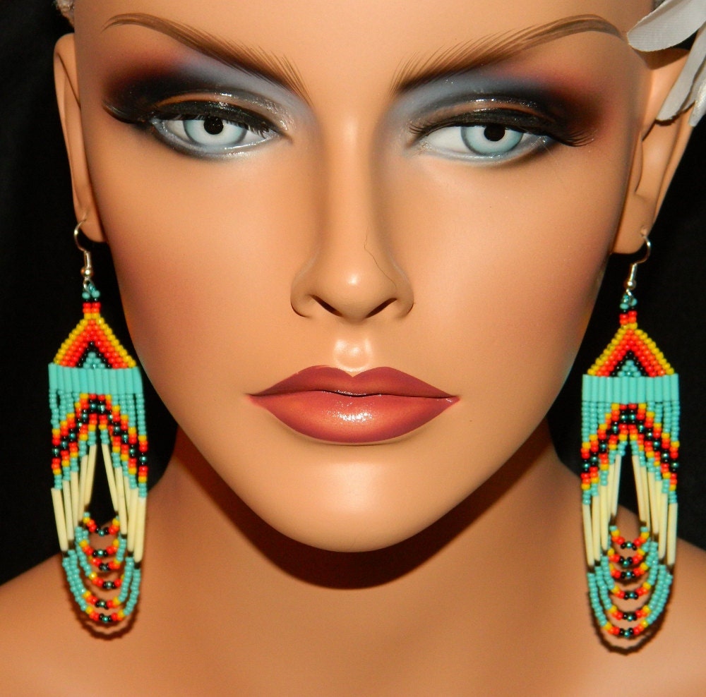 Native American "Cactus Flower" Beaded Quill Loop Earrings