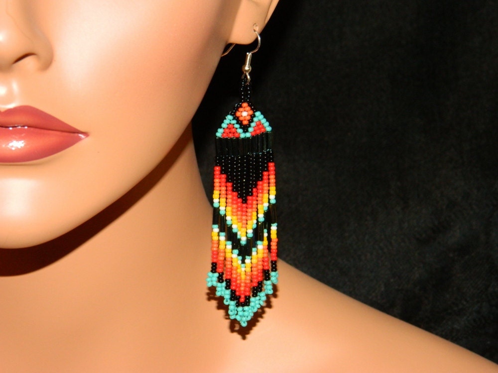 Native American Beautiful FireSky Dangle Beaded Earrings with Red and Orange Top