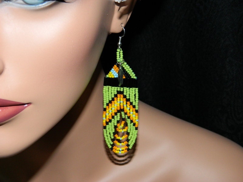 Native American Beaded Earrings Olive Green Loop with Small Feather
