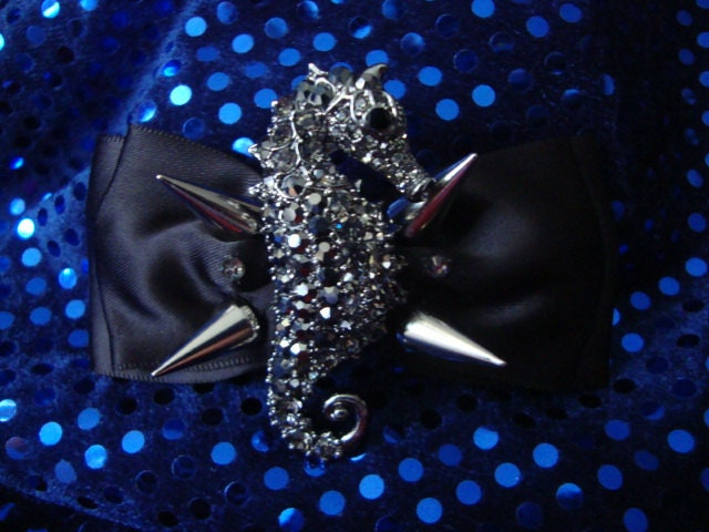 Gothic Swarovski black diamond seahorse with spikes, black bow