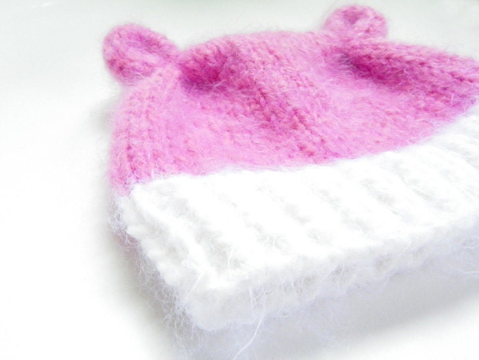 Baby Bear Baby Hat in pink newborn to 6 months handmade pink and white