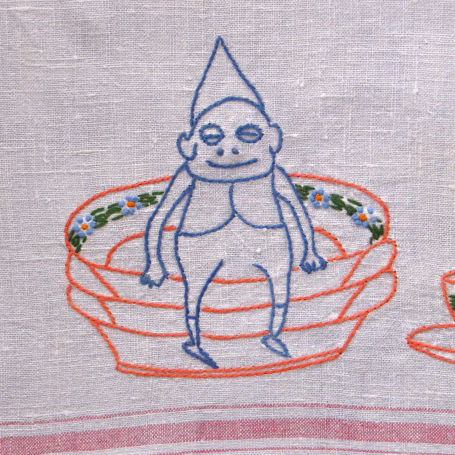 Vintage Towel Irish Linen Embroidered Gnome Tea Red Stripes