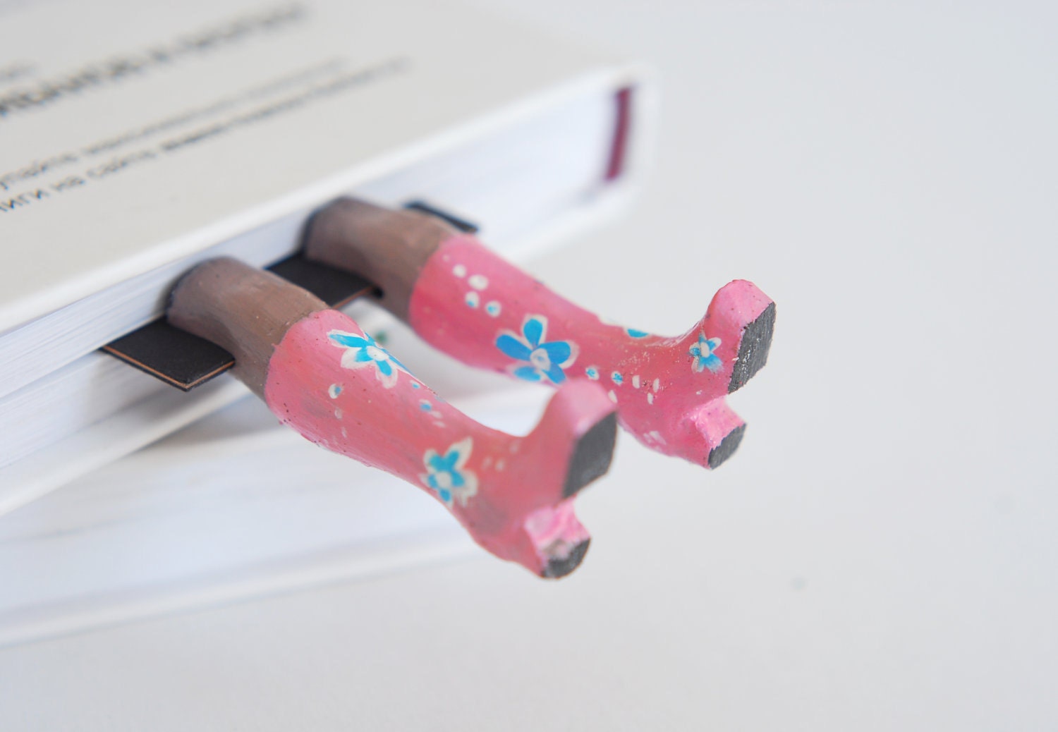 Pastel rainboots bookmark. Light pink boots with blue spring flowers. For teacher, her, mom, girl.