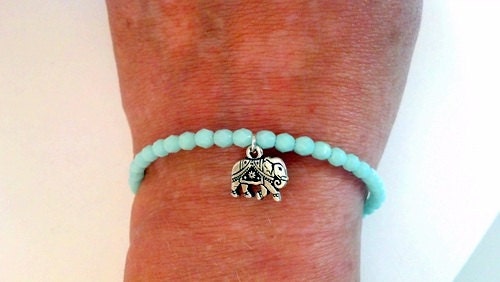 Silver Elephant Charm Memory Wire Bracelet, Shabby Chic