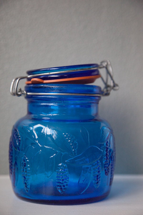 Blue Italian Glass Jar Grape Vine Pattern