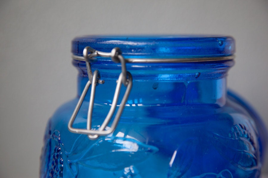 Blue Italian Glass Jar Grape Vine Pattern