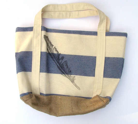 Blue and Cream Striped Tote Bag with Feather Block Print