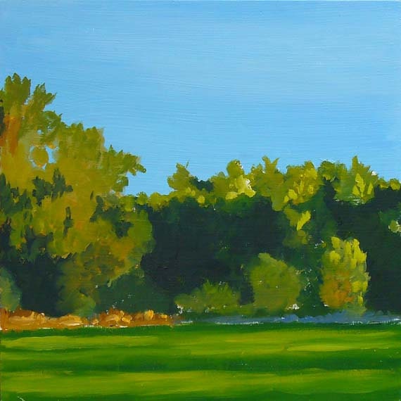 Landscape Oil Painting, Green field, trees bright blue sky, Original Oil on wood panel, wall decor