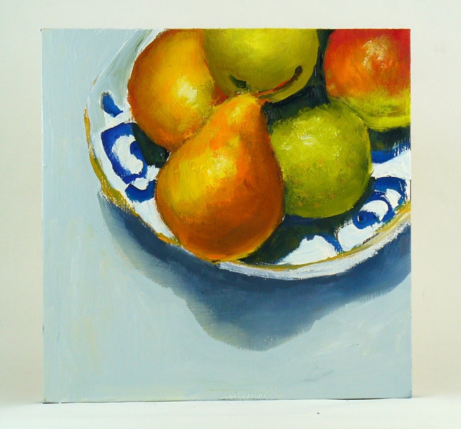 Bowl of Pears Still Life Painting Original Oil on Wood panel  kitchen art wall decor