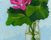 Flower Painting Pink Geranium Original Oil Still Life painting on wood blue wall art home decor
