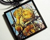 Cherub Pendant, Wearable Art, Gothic Fine Art Cherub Statement Necklace, 2x2 Inch Photo Frame Pendant